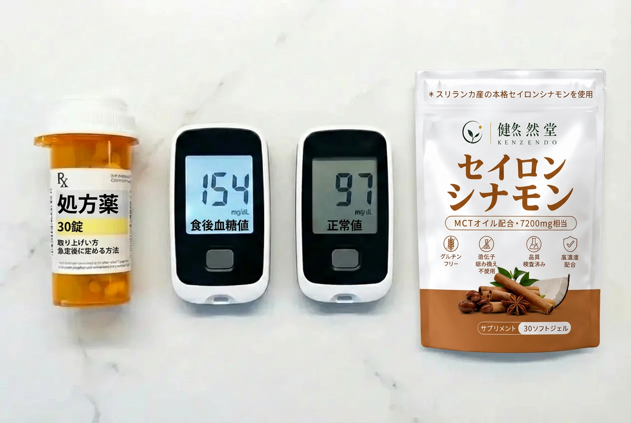 処方薬と血糖測定器(食後血糖値154・正常値97)と健然堂セイロンシナモン