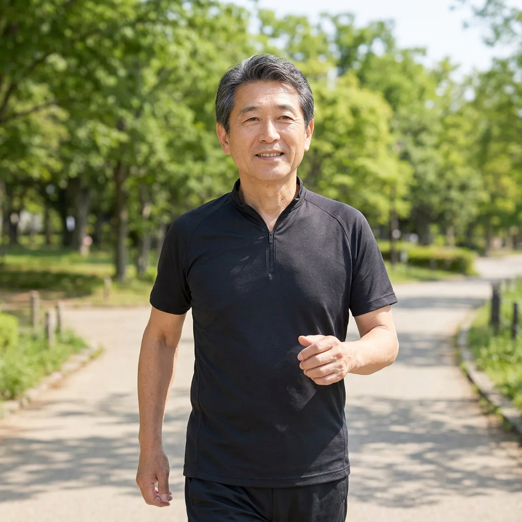 緑豊かな公園を元気に歩く日本人男性